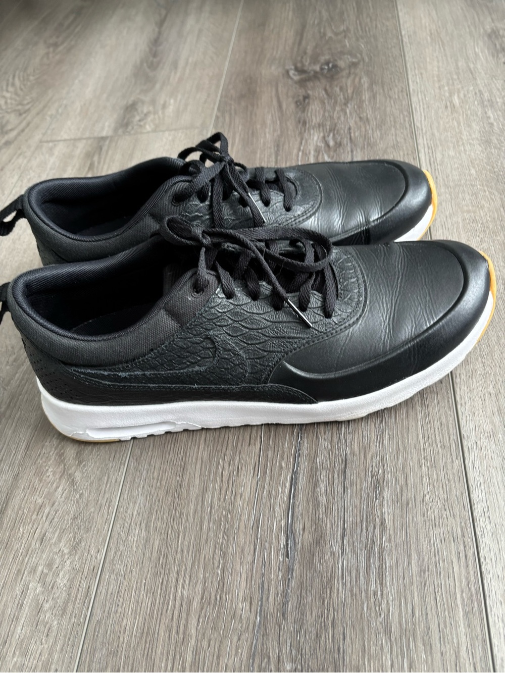 Nike Thea Men's Black Leather Sneakers with White Sole and Yellow Accent 11